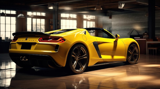 modern yellow sports car view from the side inside the garage