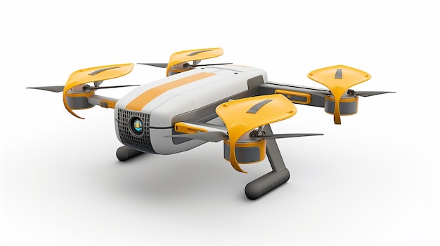 A modern yellow and white drone poised for flight ready to explore the skies