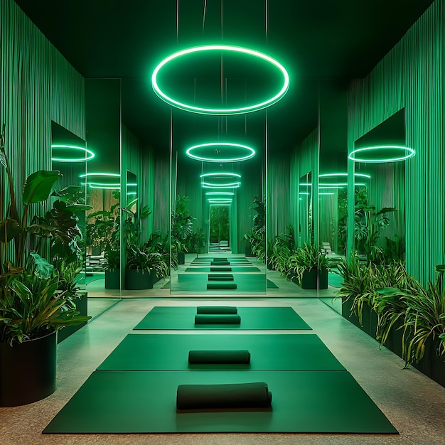 Modern Yoga Studio Interior with Green Lighting and Mirrors