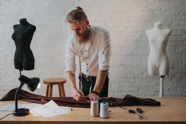 modern young clothing designer in the work process, a clothing designer with long hair and beard