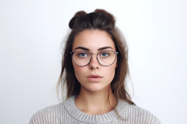 Modern young female wearing stylish spectacles for vision correction Pretty caucasian girl in glasses looking at camera headshot portrait Eyewear store advertising Generative AI