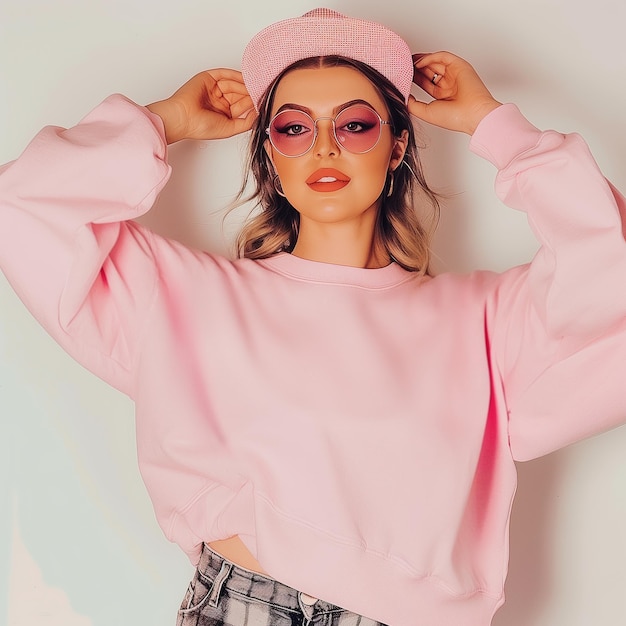 Photo modern young woman in pink sweatshirt mockup white female model in cap sunglasses casual blank