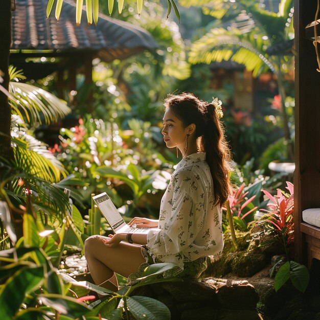 Photo modern young woman working remotely or relaxing in a tropical garden