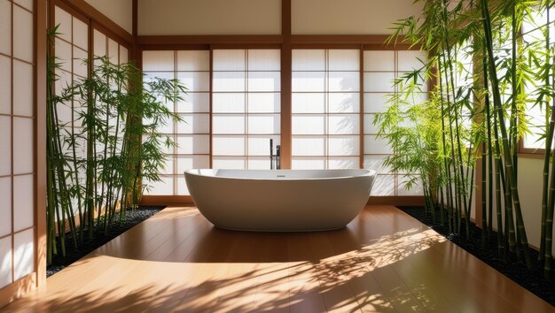 Photo modern zen bathroom with bathtub and bamboo plants