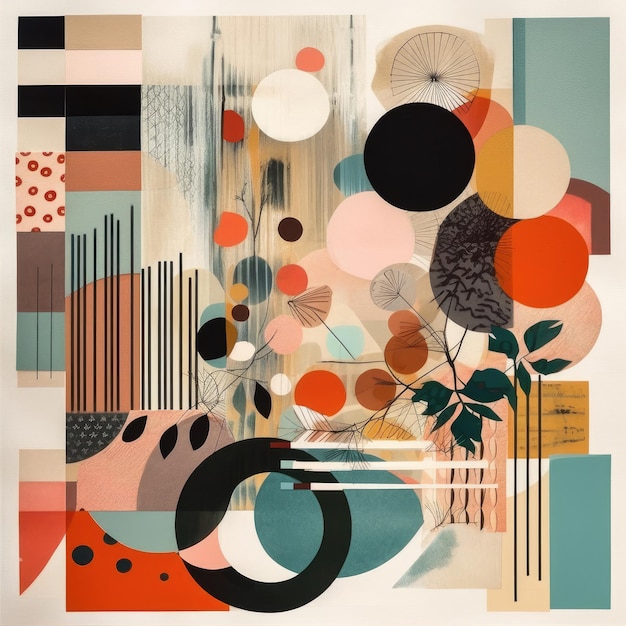 Modernist collages that combine different visual elements Can be used as wall decorations Abstract illustrations and patterns where the main role is given to color