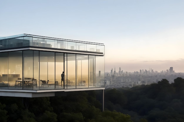 A modernist glass house perched atop a hill overlooking the city skyline generated by Ai