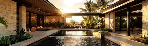 Photo modernist travertine villa in hawaii with serene water feature and glowing sun rays