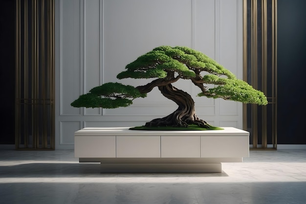 Modernized decorated room with a bonsai tree