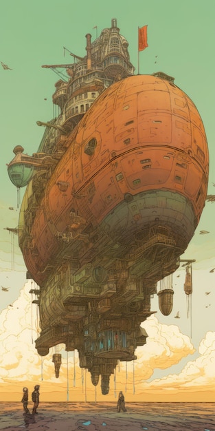 Moebius Print Cyberpunk Key With Bohemian Air Ships And Blimps