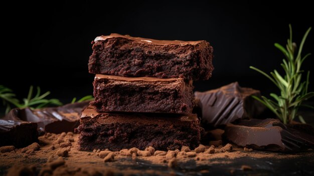 Moist Dark Chocolate Brownies Tempting Dessert CloseUp on a Dark Background