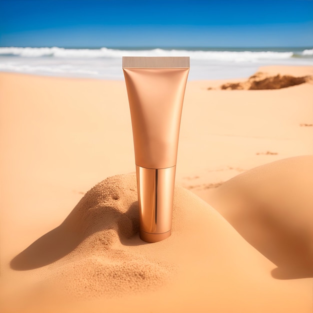 Moisturizer cream soft tube in a close up view on the sand on the seaside