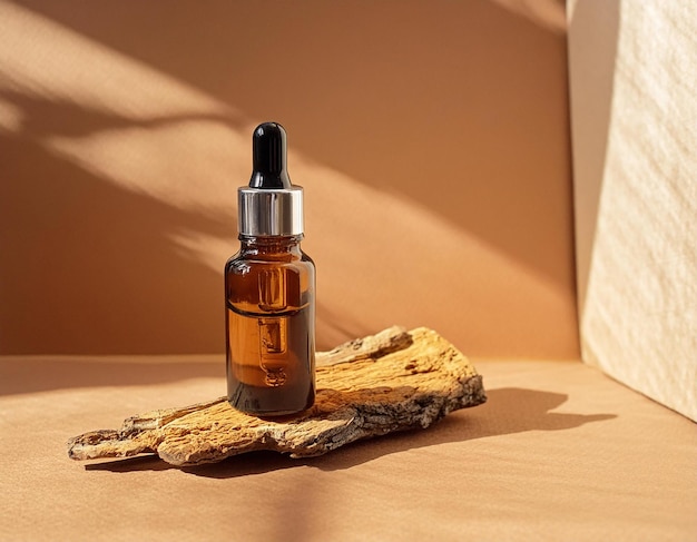 Moisturizing AntiAging Serum in Amber Glass Bottle on Natural Stand