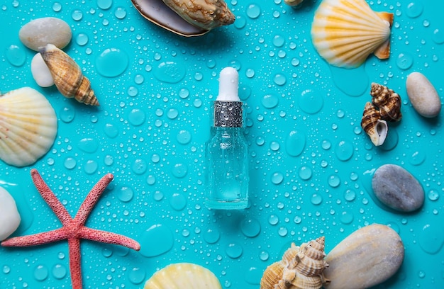 Moisturizing cosmetic product on sea background Hyaluronic acid Selective focus