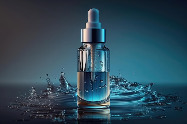 Moisturizing cosmetic product serum in a transparent bottle on blue background with water AI generation