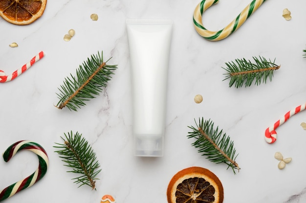 Moisturizing cream tube and a Christmas decoration