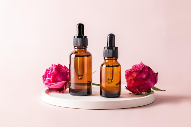 Moisturizing oil fluid for the face with the extract of rose petals for facial skin care natural selfcare Front view of two bottles