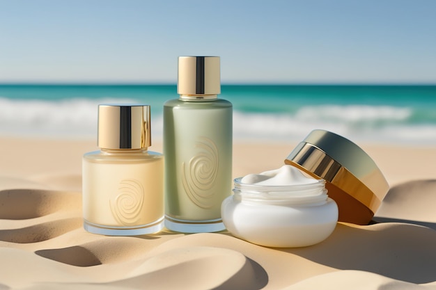 Moisturizing oils and lotions for tanning on a beach against the sea