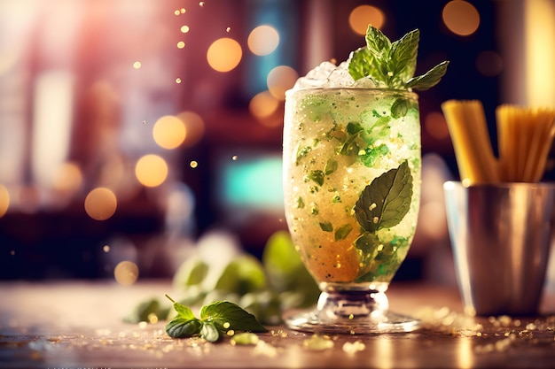 Mojito cocktail on the background of the bar Neural network AI generated