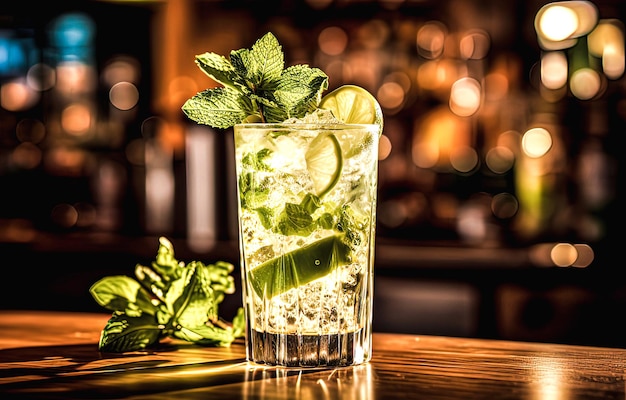 Mojito cocktail on bar counter in night club with bokeh background