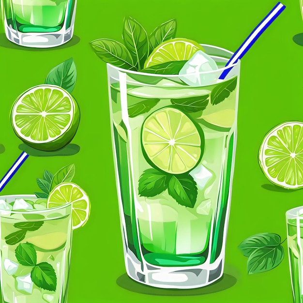 Photo mojito cocktail drink graphic illustration with lime and glass