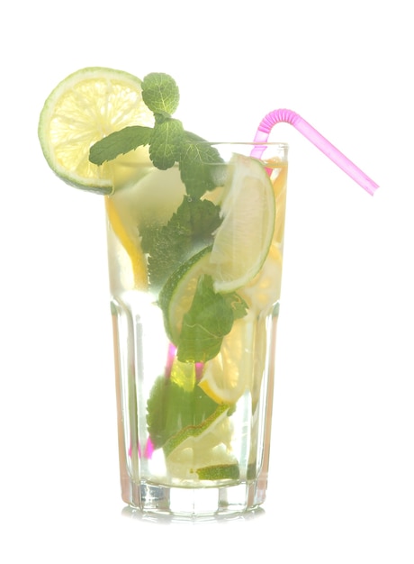 Mojito cocktail in a glass with lime, mint and lemon on a white isolated background