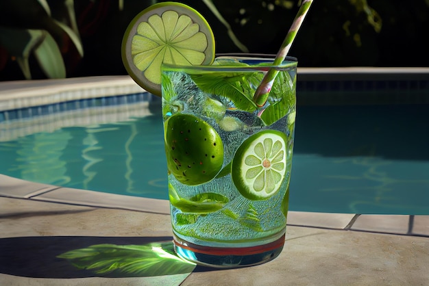 Mojito cocktail near the pool Illustration Generative AI