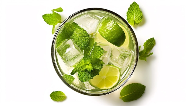 Mojito cocktail or soda drink with lime and mint isolated on white background top view Generative Ai