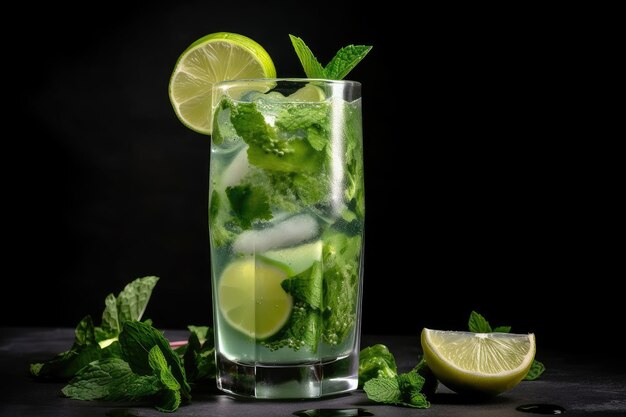 Mojito cocktail with fresh mint leaves and lime wedges in glass created with generative ai