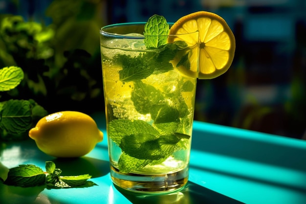 Mojito cocktail with lemon mint and ice on blue background