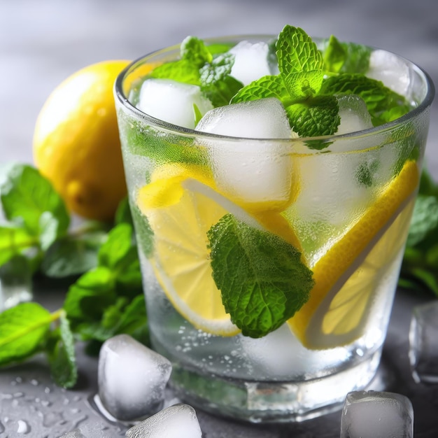 mojito cocktail with lime and mint cold water with ice and lemon photo