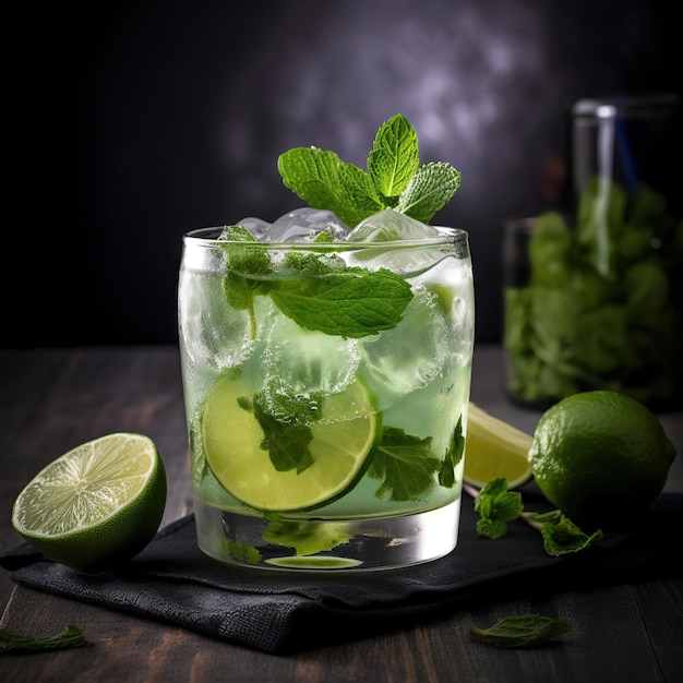 Mojito cocktail with lime and mint on a dark background