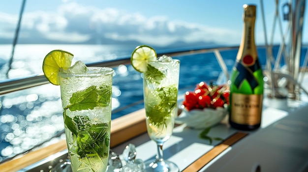 Mojito cocktail with lime and mint on the deck of a yacht