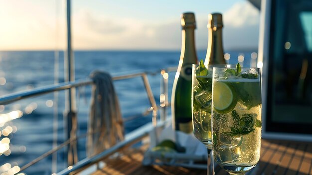 Mojito cocktail with lime mint and ice on the deck of a yacht