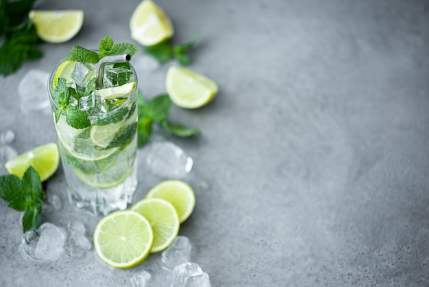 Mojito cocktail with mint, lime and ice in a tall on a grey background