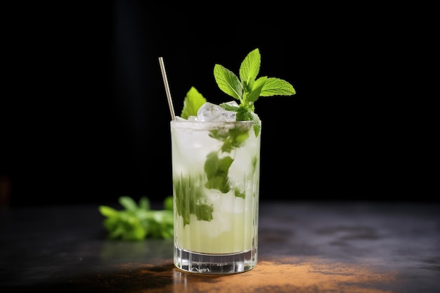 Mojito cocktail with muddled mint leaves and lime