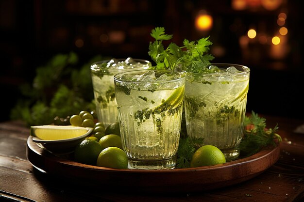 Mojito cocktails arranged on a rustic wooden table with a bowl of fresh limes