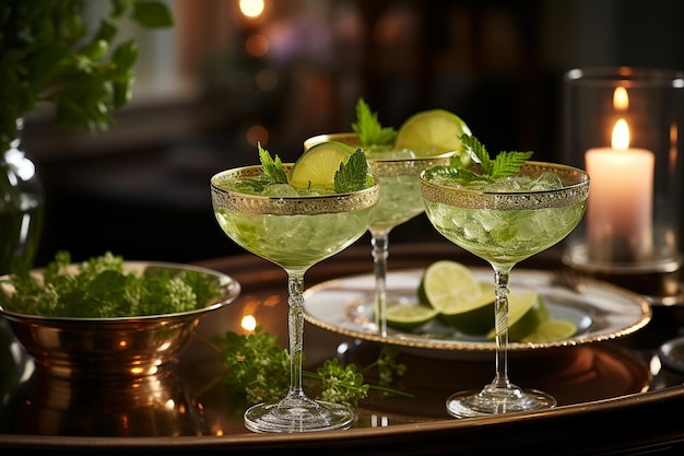 Mojito cocktails served in chilled coupe glasses with lime wedges and mint sprigs