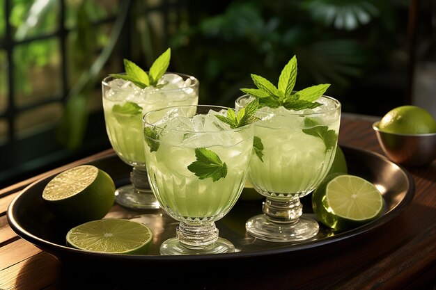 Mojito cocktails served in coconut shaped glasses with lime wedges and mint leaves