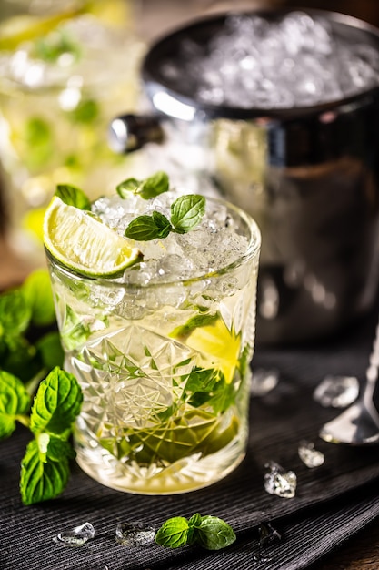 Mojito or virgin mojito long rum drink with fresh mint, lime juice, cane sugar and soda.