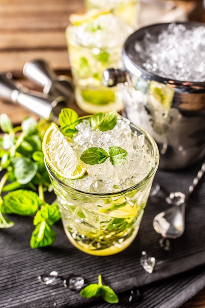 Mojito or virgin mojito long rum drink with fresh mint, lime juice, cane sugar and soda.