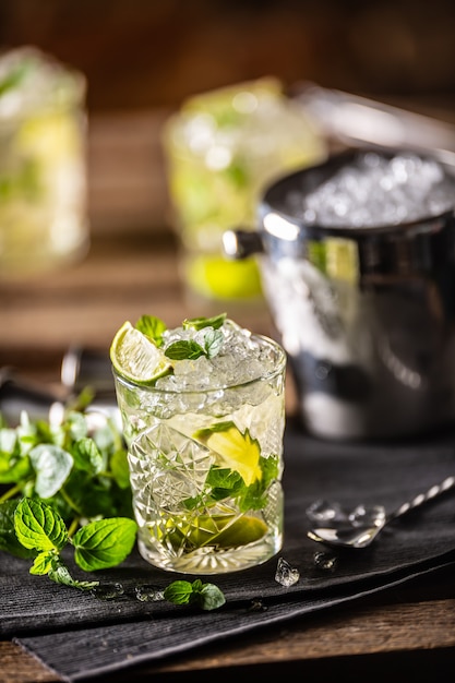 Mojito or virgin mojito long rum drink with fresh mint, lime juice, cane sugar and soda.