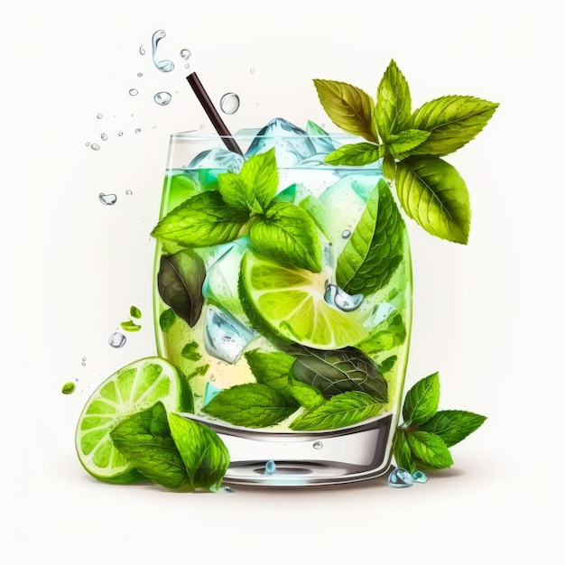 Mojito with lime and mint leaves on white background Generative AI