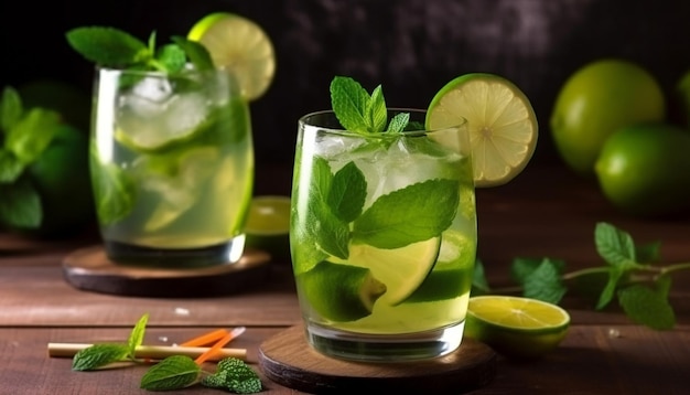 A mojito with limes and limes on a wooden table.