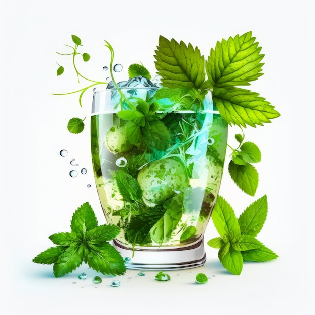 Mojito with mint leaves and ice cubes on white background Generative AI