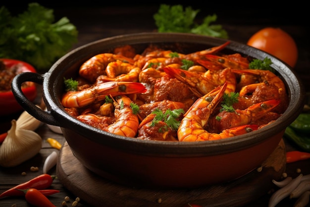 Molcajete de mariscos with assorted seafood cooked in a spicy tomato sauce