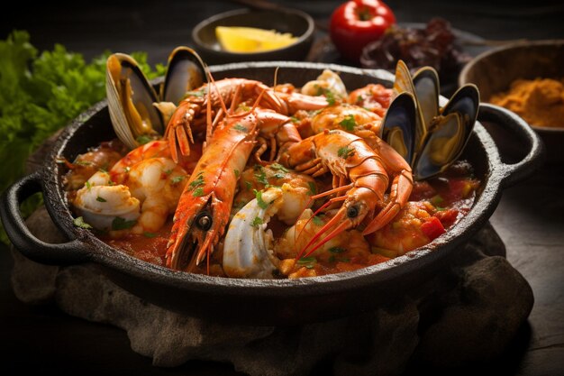 Molcajete de mariscos with assorted seafood cooked in a spicy tomato sauce