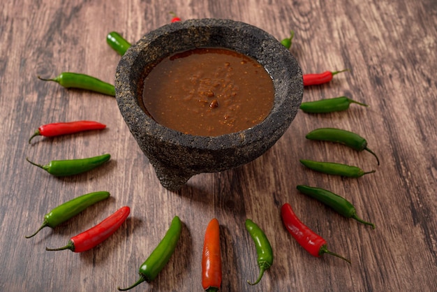 Molcajete with hot sauce on wooden table with chili peppers around