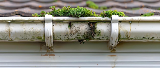 Moldy Gutter Overdue for a CleanUp Concept Gutter Cleaning Home Maintenance Mold Removal DIY Cleaning Exterior Upkeep