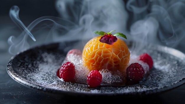 Photo molecular cuisine dessert featuring a spherical fruit preparation with smoke effect generative by ai