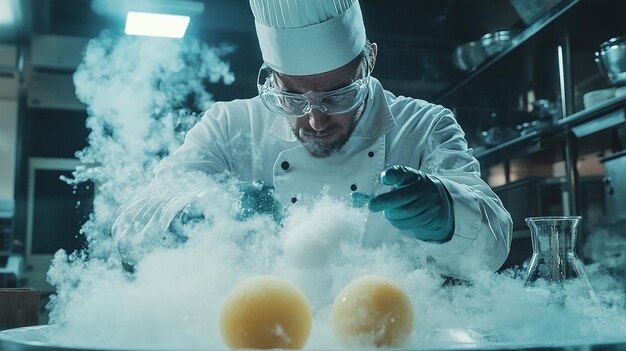 Photo molecular gastronomy chef experimenting with innovative dishes